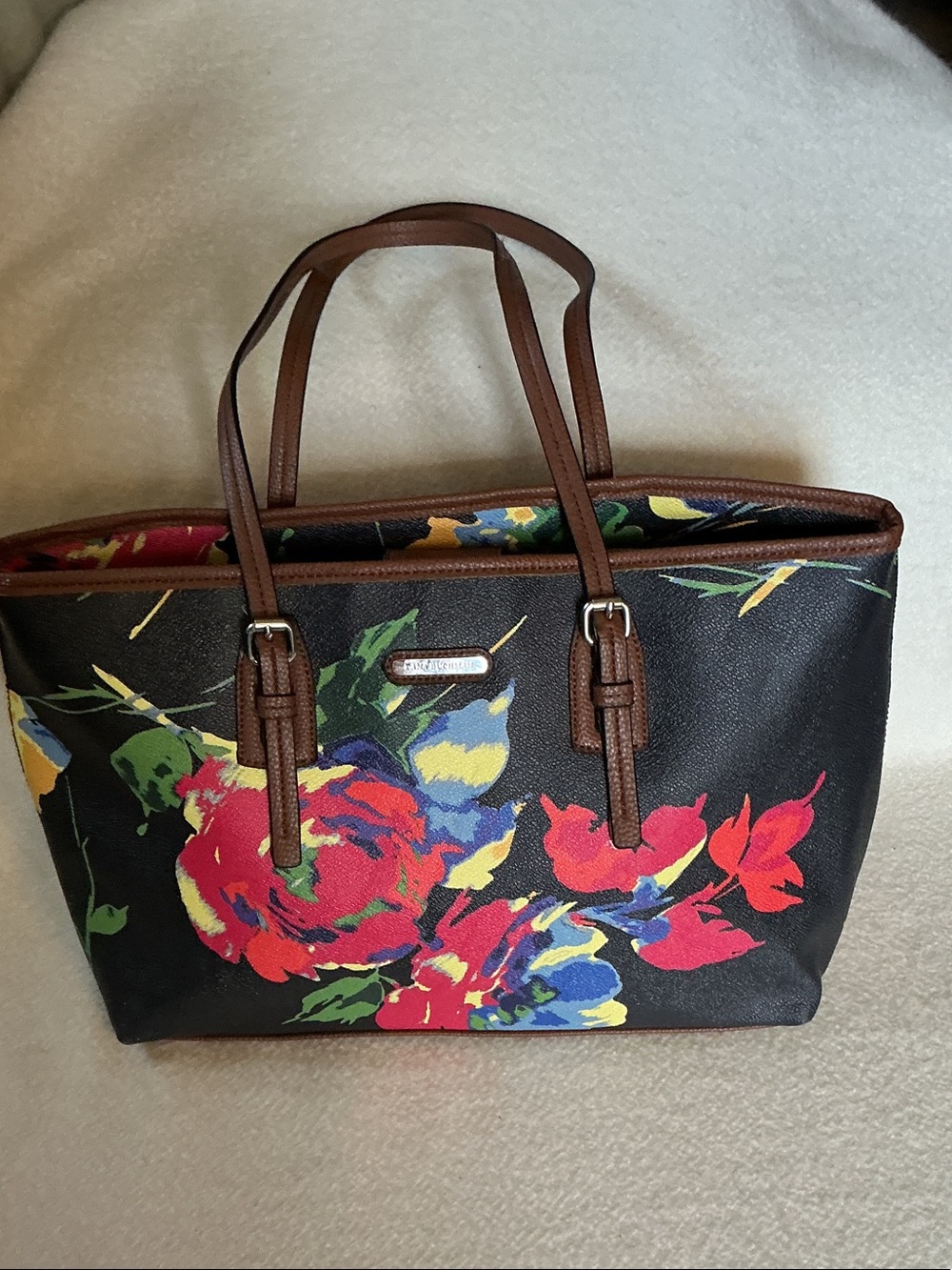 Dana Buchman Black Floral Tote with Brown Handles and Multicolor Blooms